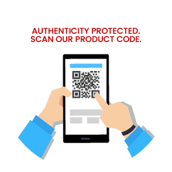 Hands holding a smartphone showing the product QR code - authenticity protected, scan our product code